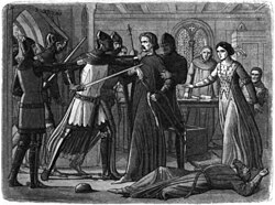 Ilustración de Roger Mortimer capturado por el rey