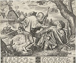 Grabado a buril titulado Parábola de los ciegos, realizado por Pieter van der Heyden según Jheronimus Bosch