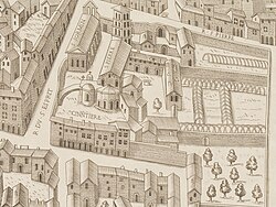 Mapa detallado de la ciudad de Lyon que muestra la Abadía de las Damas de Saint-Pierre en 1550
