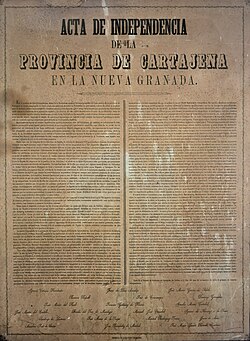 Documento histórico del acta de independencia de Cartagena
