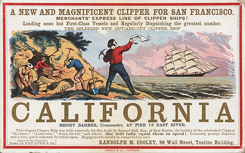 Publicidad de viajes a California publicada en Nueva York en la década de 1850.