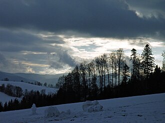 Paisaje cubierto de nieve durante la estación invernal.