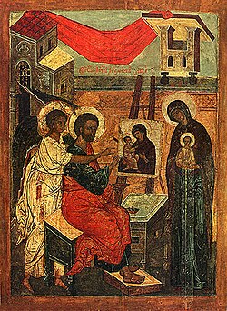 Representación pictórica de San Lucas pintando a la Theotokos de Vladimir