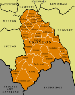 Los 24 distritos electorales del municipio de Croydon y los barrios que los rodean