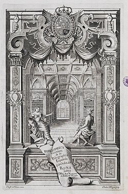 Frontispicio de la Bibliotheca universal de la polygraphia española, editada en Madrid por Antonio Marín en 1738.