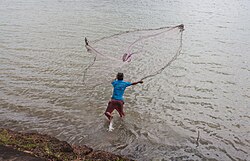 Pescador con rojo en Srah Srang, Angkor, Camboya