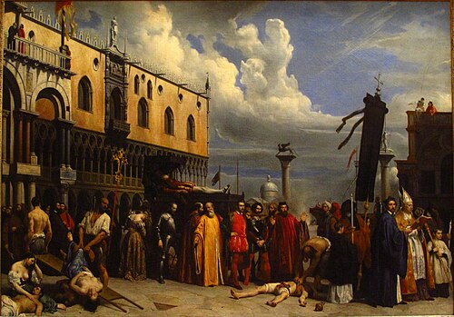 Honras fúnebres del pintor Tiziano durante la epidemia de peste en Venecia