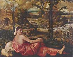 Dama recostada con paisaje de Cariani custodiada en la Gemäldegalerie de Berlín.
