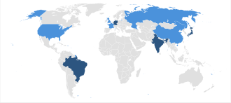 Mapa destacando en azul claro a los actuales miembros permanentes de la ONU y en azul oscuro a los miembros del G4.
