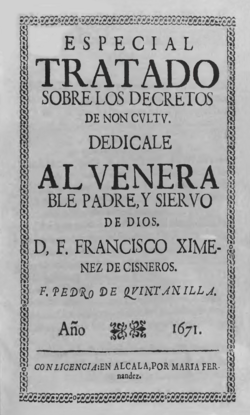 Portada del Tratado sobre los decretos de non cultu de Pedro de Quintanilla de 1671.