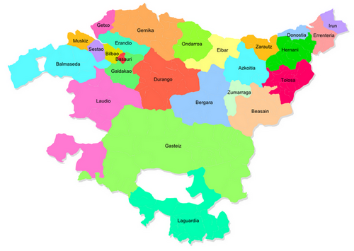 Mapa detallado de las demarcaciones territoriales de la Ertzaintza.