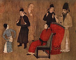 Percusionistas chinos interpretando música con tambores en una ilustración del siglo XII