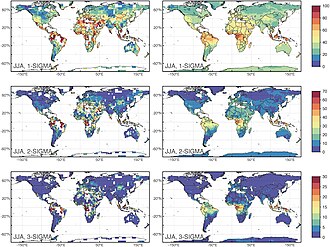 Mapa de Coumou & Robinson que muestra el porcentaje de veranos boreales 2000–2012 con temperaturas más allá de 1-, 2- and 3-sigma
