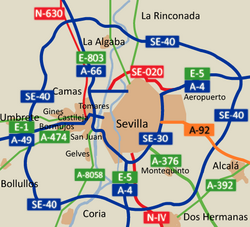 Mapa del área metropolitana de Sevilla.