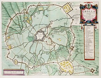 Mapa histórico de la fortificación y el sitio de Groenlo dibujado por Joan Blaeu.