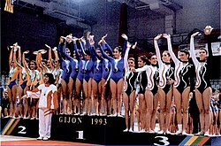 El Club Atlético Montemar en el podio de 1ª categoría del Campeonato de España de Conjuntos en 1993