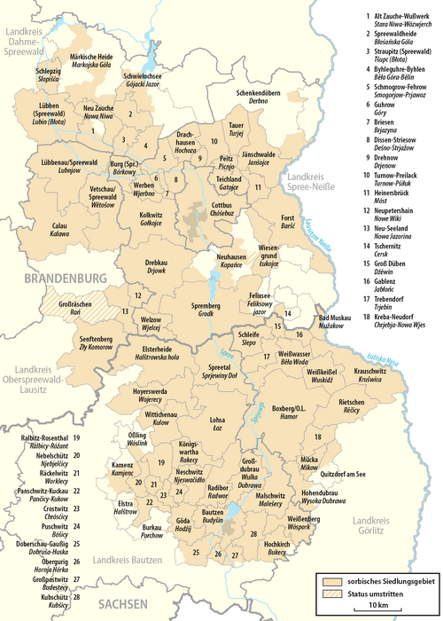 Zonas de habla sorbia en el mapa