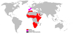Mapa de distribución geográfica de la Genetta genetta