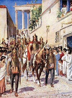 Representación de Alarico desfilando por Atenas