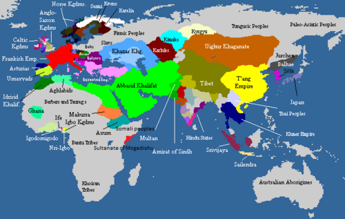 Mapa histórico del siglo IX que ilustra la distribución territorial de diversos imperios contemporáneos.