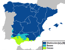 Mapa de España con las zonas seseantes señaladas