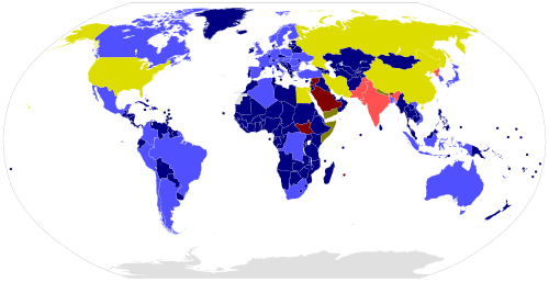 Mapa mundial que detalla el estatus de participación de los países en el Tratado de Prohibición Completa de los Ensayos Nucleares.