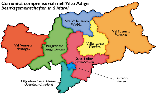 Mapa de las comunidades comprensoriales en el Tirol del Sur