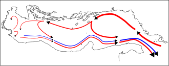Esquema de corrientes superficiales y bentónicas