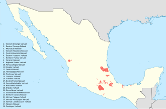 Mapa detallado de las principales variantes dialectales del idioma mexicano