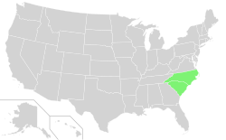 Mapa que muestra los estados de Carolina del Norte y Carolina del Sur sombreados en verde