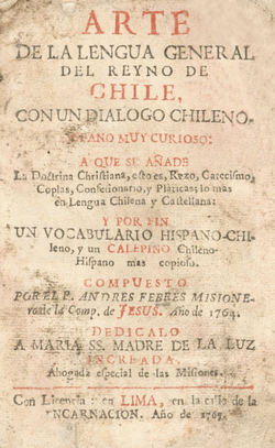 Primera página del Arte de la Lengua General del Reyno de Chile publicado en 1765 por Andrés Febrés.