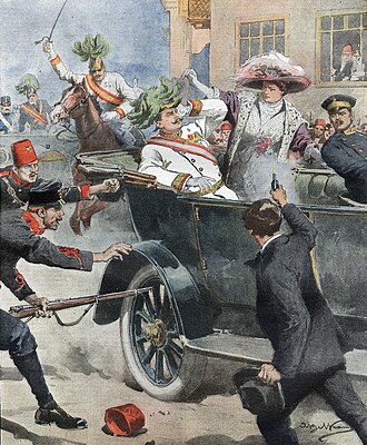 Ilustración del atentado contra el archiduque Francisco Fernando y su esposa Sofía Chotek.
