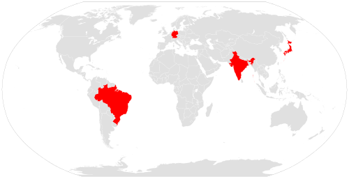 Mapa que muestra en rojo a las naciones que pertenecen al Grupo de los Cuatro.
