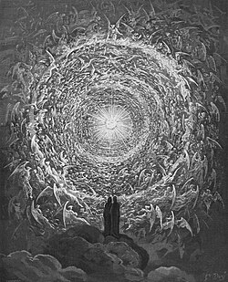 Dante y Beatrice contemplan la parte más alta del cielo según la ilustración de Gustave Doré