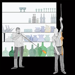 Ilustración histórica sobre el soplado de vidrio