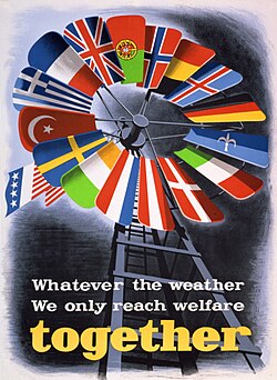 Cartel de propaganda sobre el Plan Marshall con las banderas de los países beneficiarios.