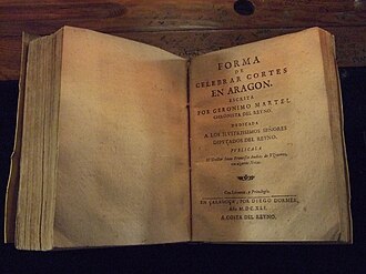 Portada de la obra Forma de celebrar Cortes en Aragón de Jerónimo Martel