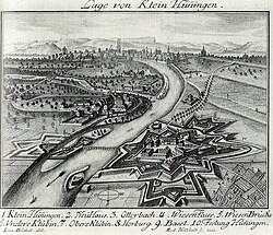 Aguafuerte que muestra la fortaleza de Huningue a la derecha y Friedlingen a la izquierda a orillas del río Rin.