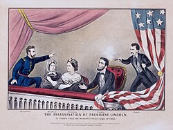 Litografía coloreada que representa el asesinato de Abraham Lincoln en el palco con Henry Rathbone, Clara Harris, Mary Todd Lincoln y John Wilkes Booth.