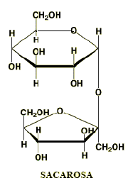 Esquema de un disacárido no-reductor formado por la unión de glucosa y fructosa.