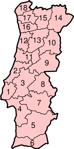 Mapa de los distritos de Portugal continental