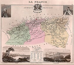 Mapa de los tres departamentos franceses de Argelia en 1877
