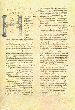 Página con la inicial H del manuscrito de la Biblia Moutier-Grandval
