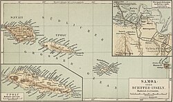 Mapa de Samoa con la capital Apia, alrededor de 1890.