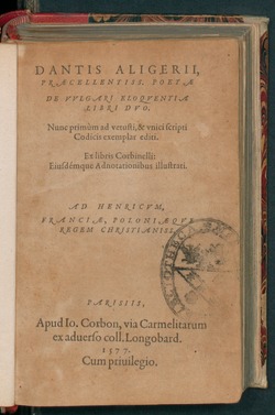 Portada histórica de la edición de De vulgari eloquentia de 1577