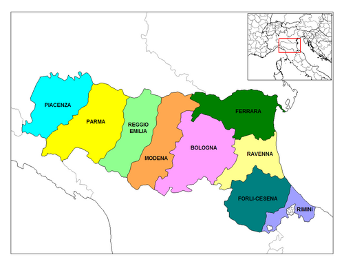 Esquema de las provincias de Emilia-Romaña