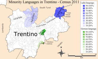 Mapa de las zonas de habla ladina en la provincia de Trento
