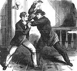 Ilustración histórica que muestra a Frederick Seward forcejeando con Lewis Powell.