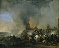 Caballería ante un molino en llamas, pintura de Philips Wouwerman