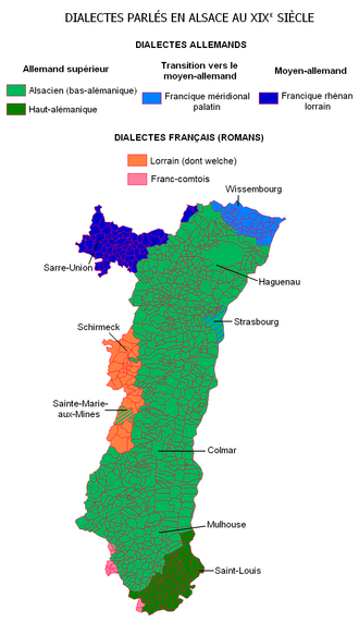 Mapa de lenguas habladas en Alsacia mostrando dialectos alemánicos, fráncicos y romances.